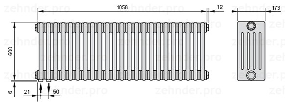 Схема (чертеж) Радиатор Zehnder Charleston 5060/23 №3370 Белый глянцевый RAL 9016